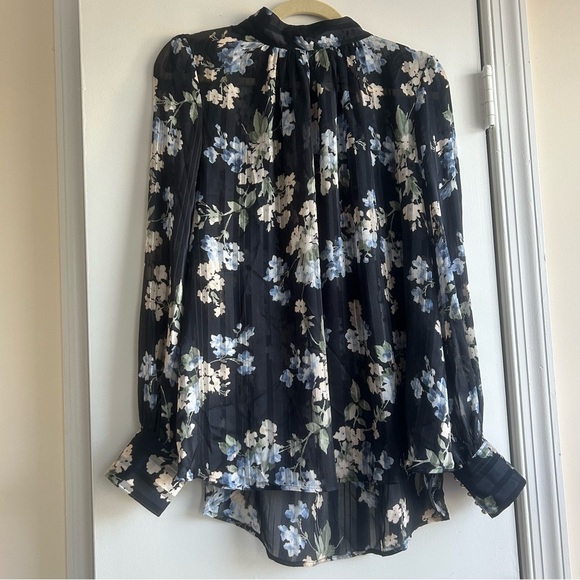 H&M Women’s Floral Sheer Long Sleeve Blouse Navy Blue Mock Neck Workwear Flowy - Picture 1 of 7